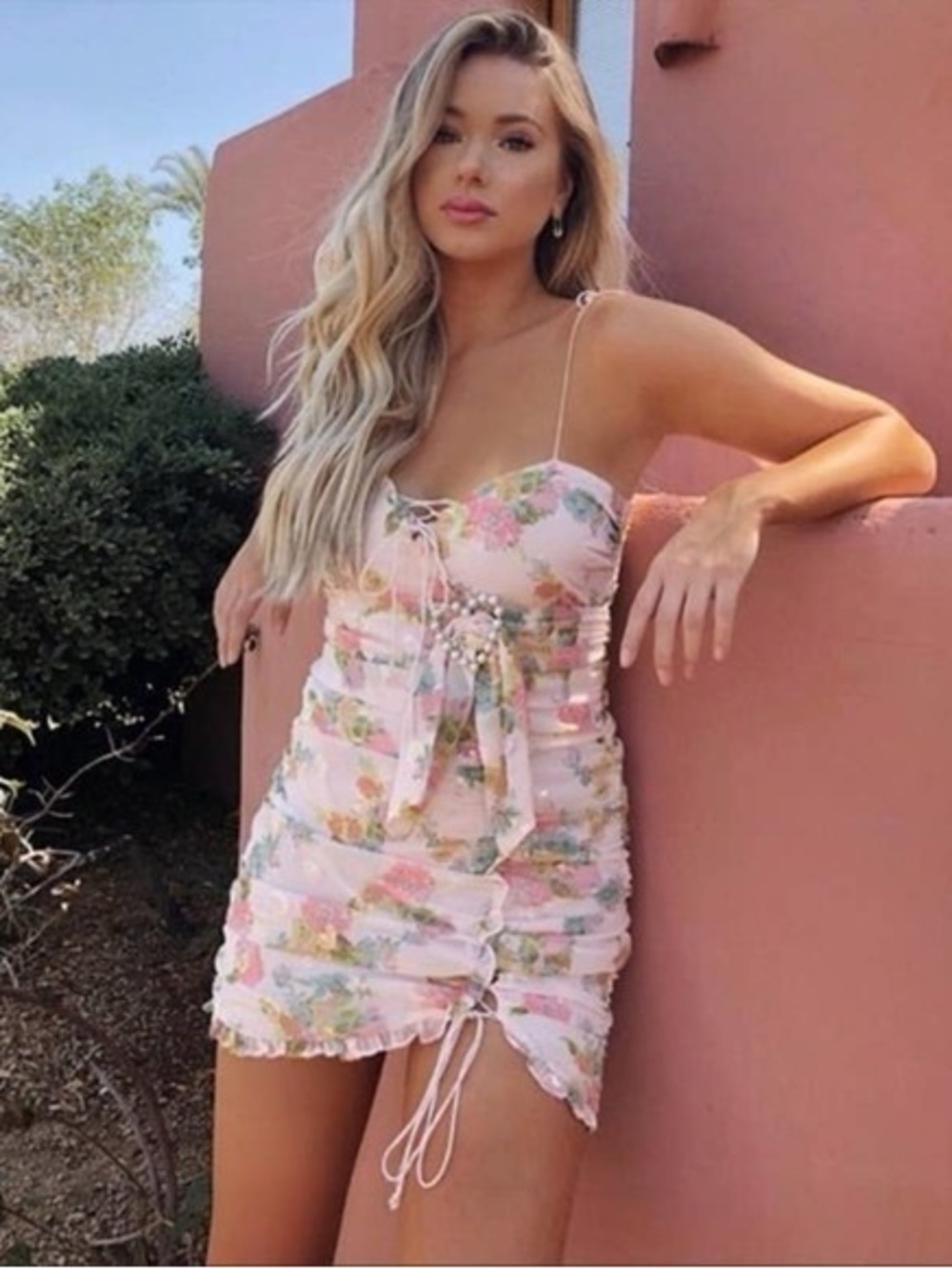 For Love & Lemons Serafine Mini Floral Sequin Ruched Dress Size XS